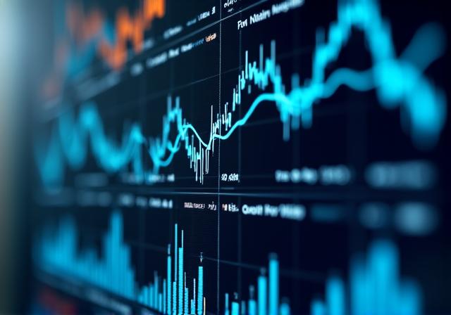 Close up of a high-tech dashboard showing real-time fluctuating stock and performance metrics